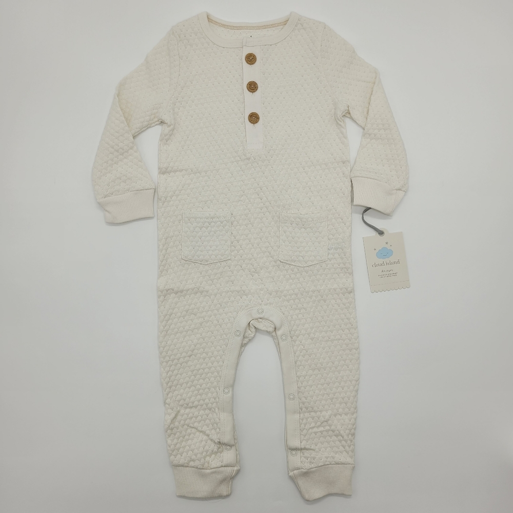 Cloud Island Romper Off White Henley Pockets Pointelle Unisex Neutral 12mo NEW